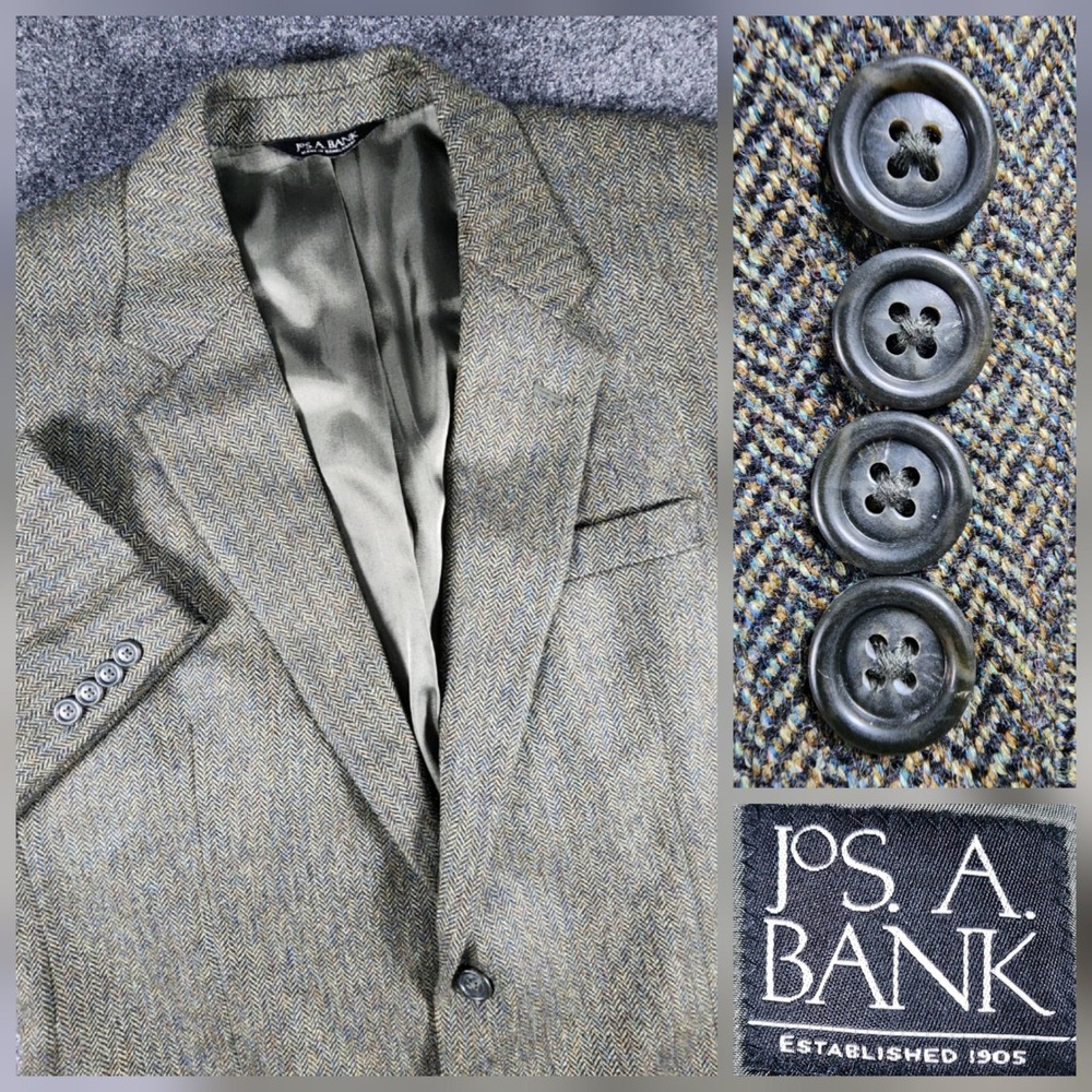 Jos. A. Bank Sport Coat Mens 44L Green Herringbone 100% Wool 2-Button Blazer